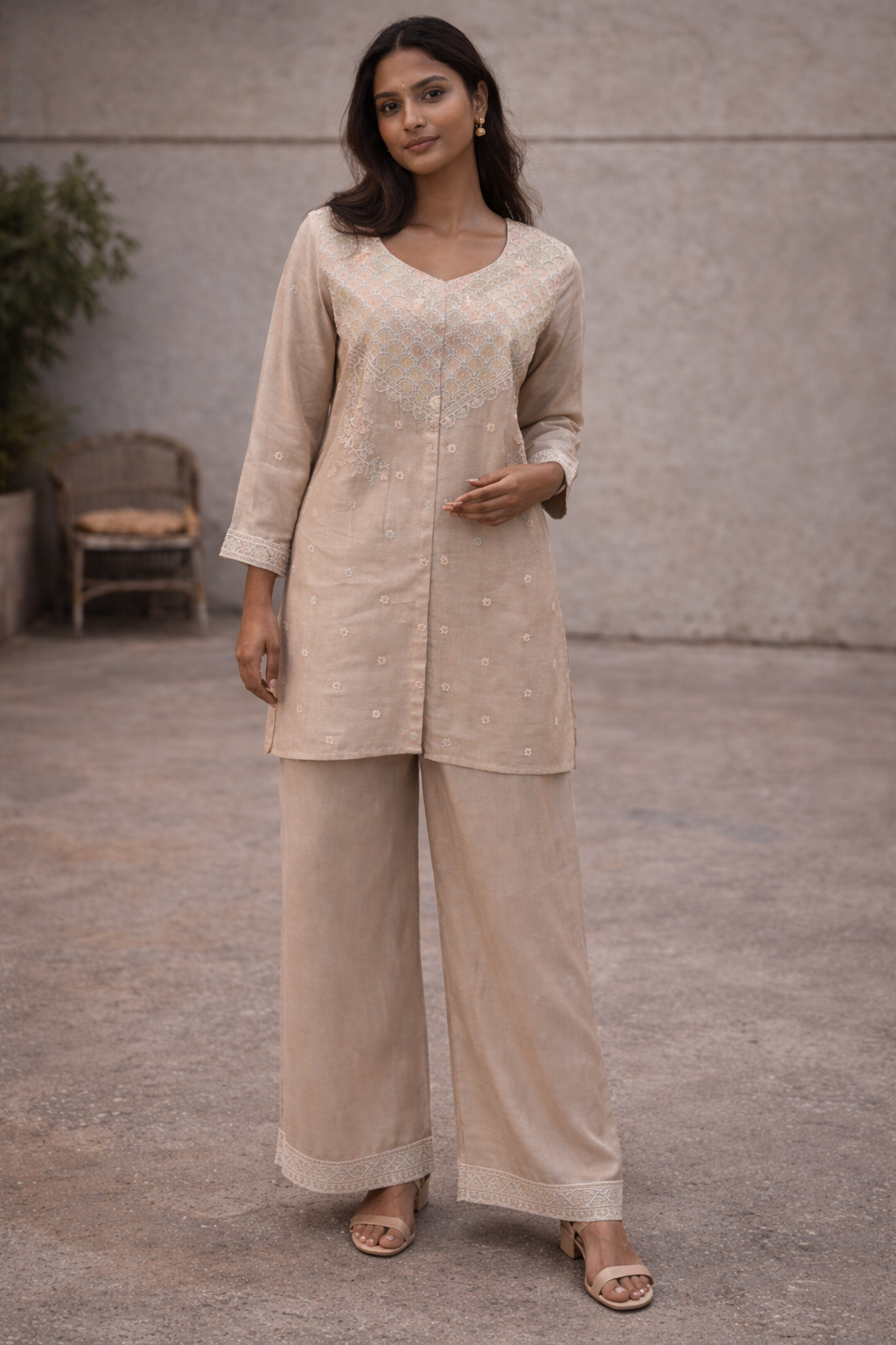 Women's Beige Embroidered Silk Kurta Palazzo Set